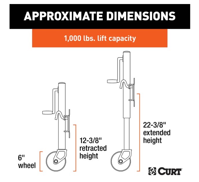 Curt Marine Swivel Jack, 6" Wheel, Side Wind, 1000#, 10" Lift