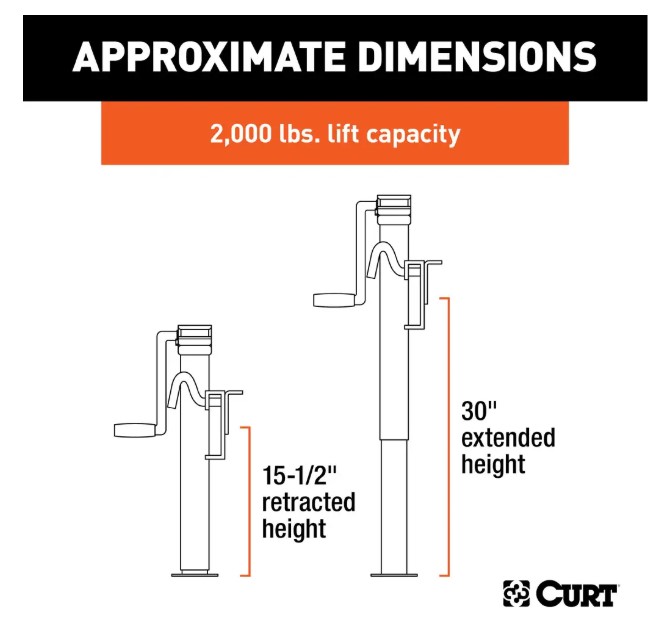 Curt Utility Swivel Jack, Weld On Bracket-Mount, Side Wind, 2,000# 15" Travel