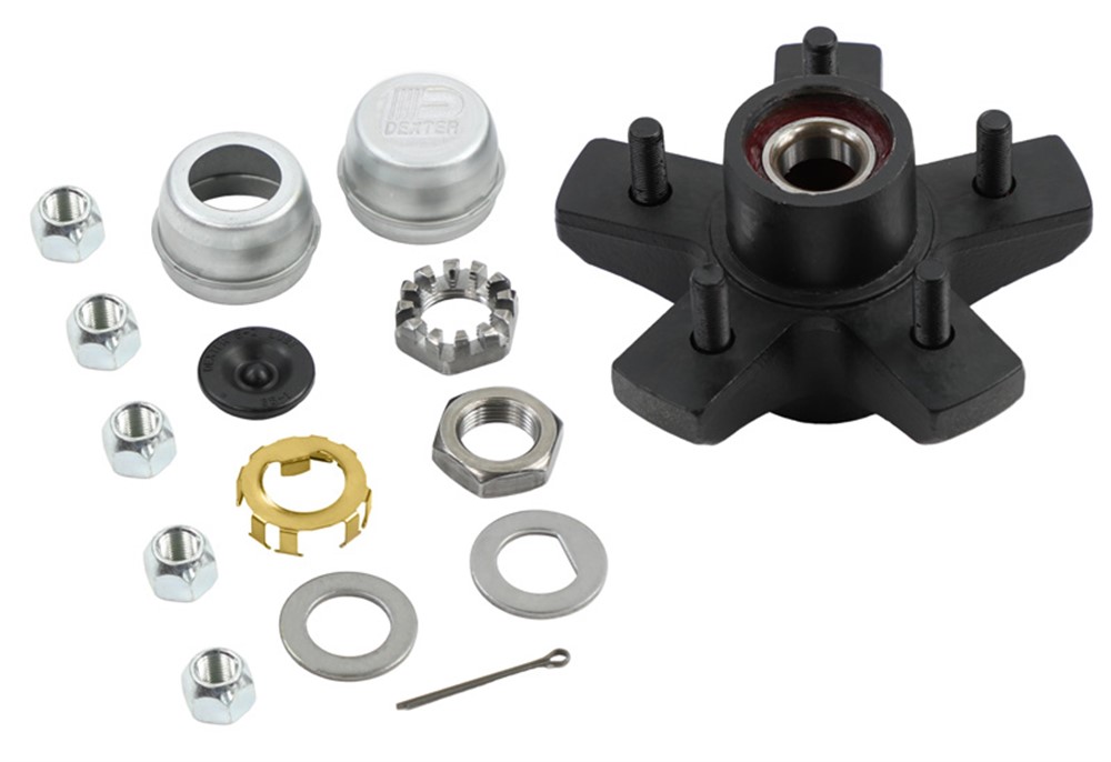 Trailer Hub, 1-3/8" X 1-1/16" Bearings, 5 X 5" Bolt Pattern, Includes Bearings, Races, Lug Nuts, Dust Cap, Spindle Nut, Cotter Pin, and Washer