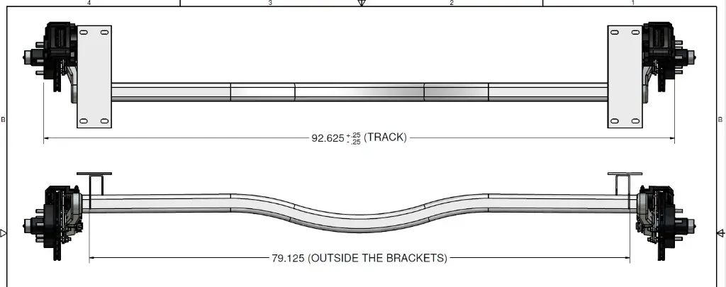 Torsion Axle, 3,700 lb Capacity, 77.75" Frame Center, 92.625" Hub Face, 79.125" Outside Bracket, 25* Starting Angle, Galvanized, Load Rite OEM Axle