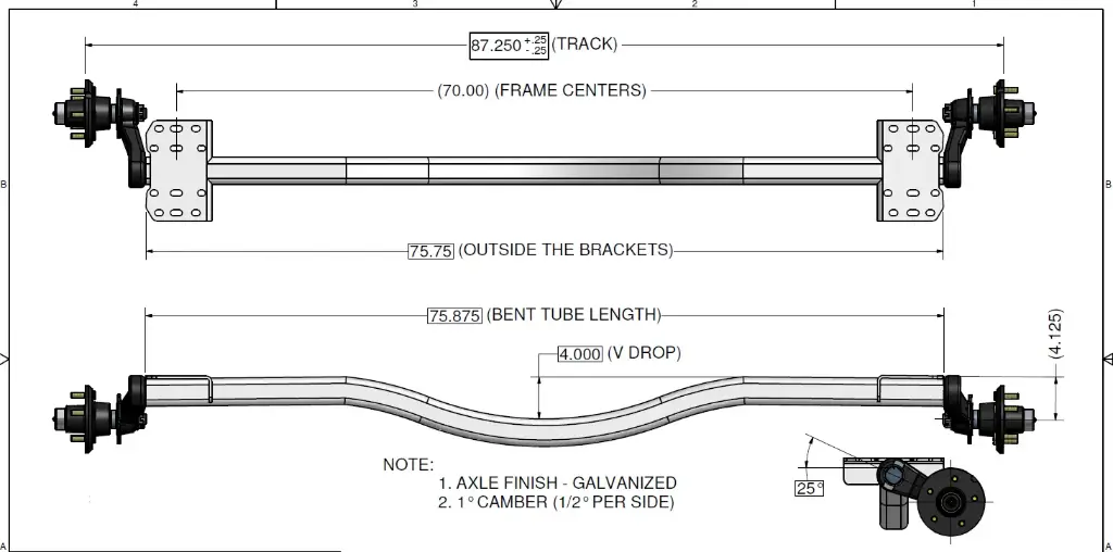 Torsion Axle, 3,700 lb Capacity, 70” Frame Center, 87.25” Hub Face, 75.75” Outside Bracket, 25* Down Angle, Galvanized, Load Rite OEM Axle, Alternate Part #46360A