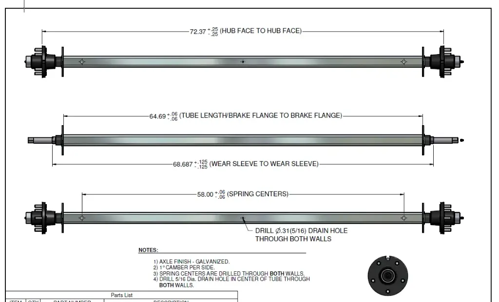 Spring Axle, 2,700 lb Capacity, 2" Square Tube, 72" Hub Face, 58" Spring Center, 77" Overall Length, Galvanized, Manufactured by Load Rite