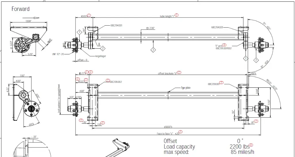 Torsion Axle, 2,000 lb Capacity, 58” Frame Center, 70.75” Hub Face, 61.5” Outside Bracket, 30* Down Angle, Galvanized, Manufactured by Knott