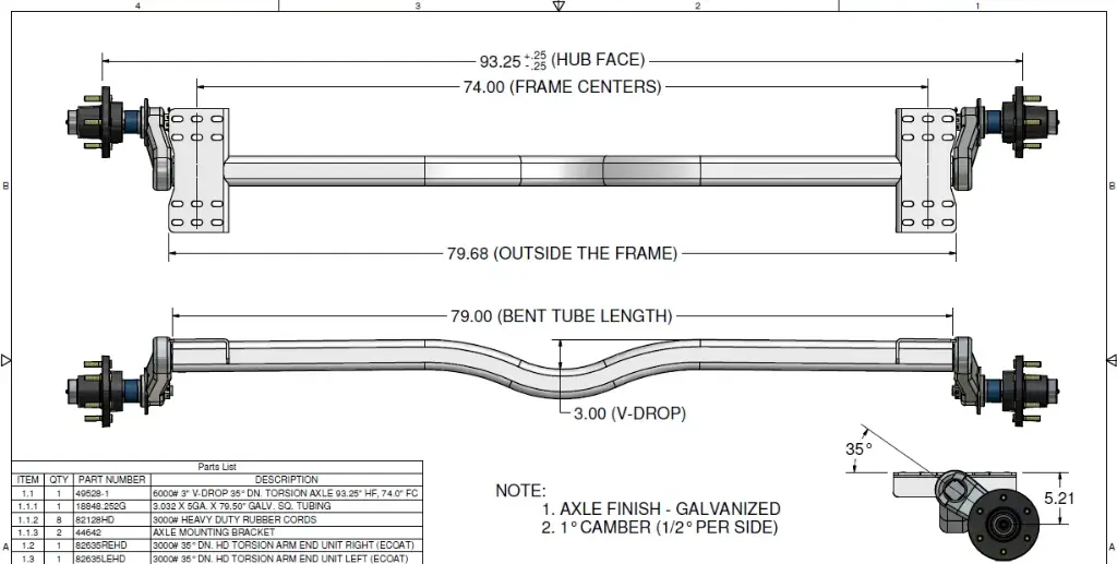 Torsion Axle, 6,000 lb Capacity, 93.25" Hub Face, 74" Frame Center, 79.68" Outside Bracket, 30* Starting Angle, Galvanized, Load Rite OEM Axle