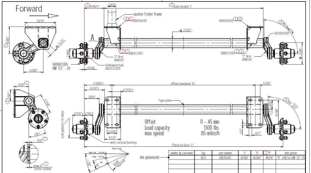 Torsion Axle, 1,500 lb Capacity, 45” Frame Center, 59” Hub Face, 48.9” Outside Bracket, 28* Down Angle, Galvanized, Manufactured by Knott, Fits Load Rite PWC & 14F / 16F Series Models.