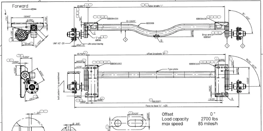 Torsion Axle, 2,700 lb Capacity, 81” Hub Face, 66.5” Frame Center, 72” Outside Bracket, 30* Down Angle, Galvanized, Manufactured by Knott