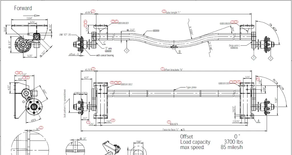 Torsion Axle, 3,500 lb Capacity, 81.5” Hub Face, 66.5” Frame Center, 72” Outside Bracket, 25* Down Angle, Galvanized, Manufactured by Knott