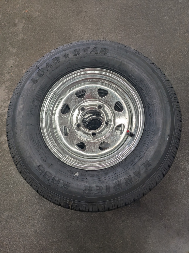 St185/80 13" 8-Ply 5-Lug Galvanized Spoke. Radial Trailer Tire Karrier Brand *Bead Balanced* (32039) (LR: 6100.02ARK)