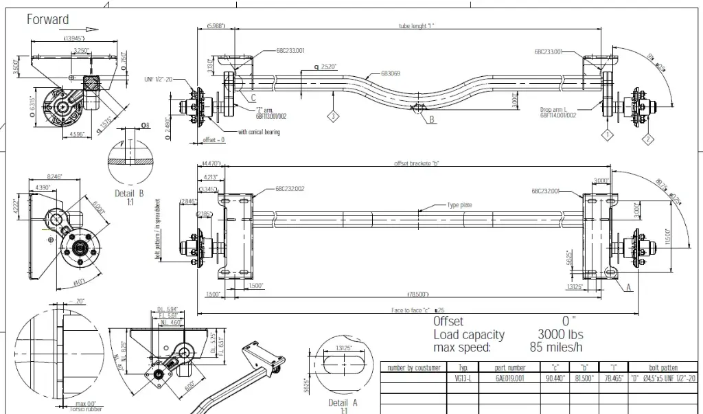 Torsion Axle, 90.44" Hf, 78.5" Fc, 3,000# Capacity. Galvanized. Load Rite Oem Axle, Knott Brand (Replaces 6090.57K)