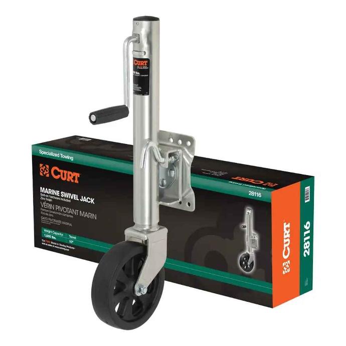 Curt Marine Swivel Jack, 8" Wheel, Side Wind, 1500#, 10" Lift (Boxed)