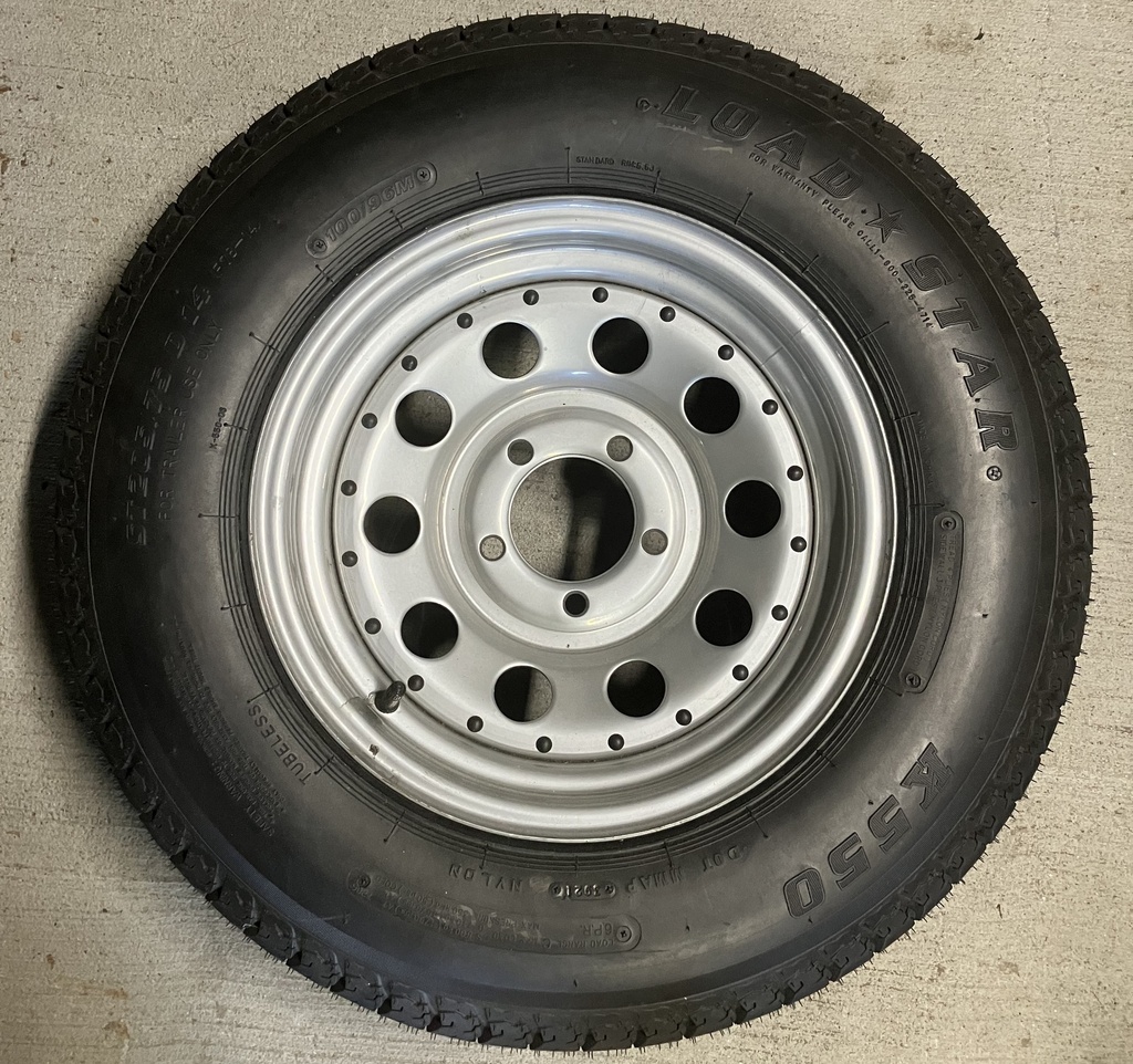 (Limited Stock) Loadstar K550 St205/75 14", LR:C/6-Ply, 5-Lug Silver Painted w/ rivets Modular Bias Trailer Tire & Wheel